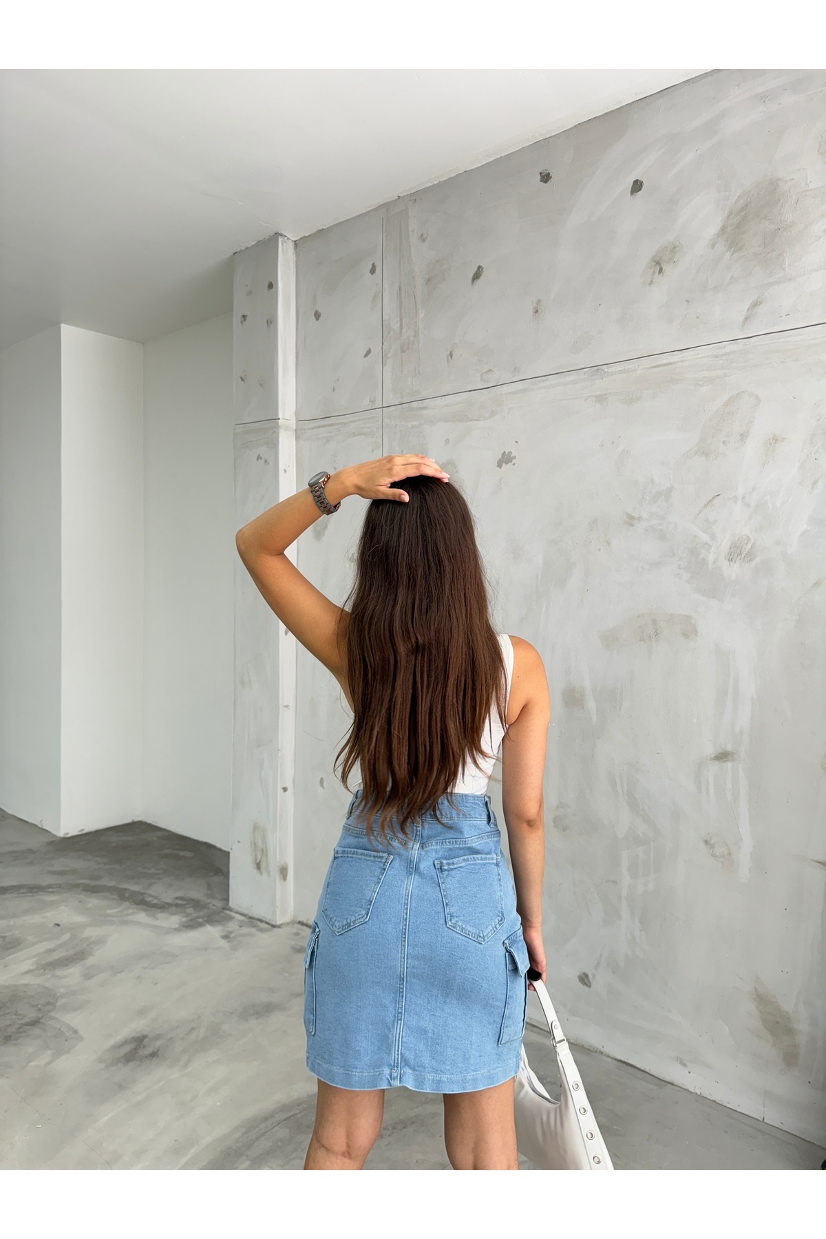 Kadın Kargo Cep Detaylı Yüksek Bel Mini Denim Etek mavi 5