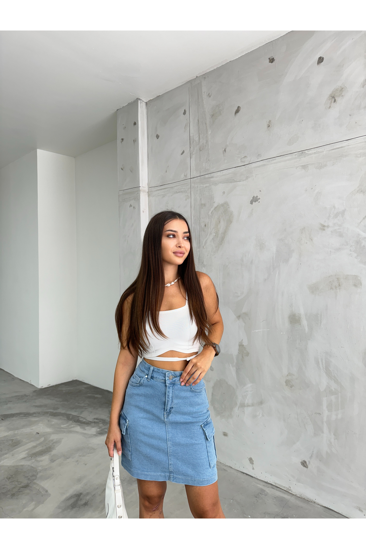 Kadın Kargo Cep Detaylı Yüksek Bel Mini Denim Etek mavi 7