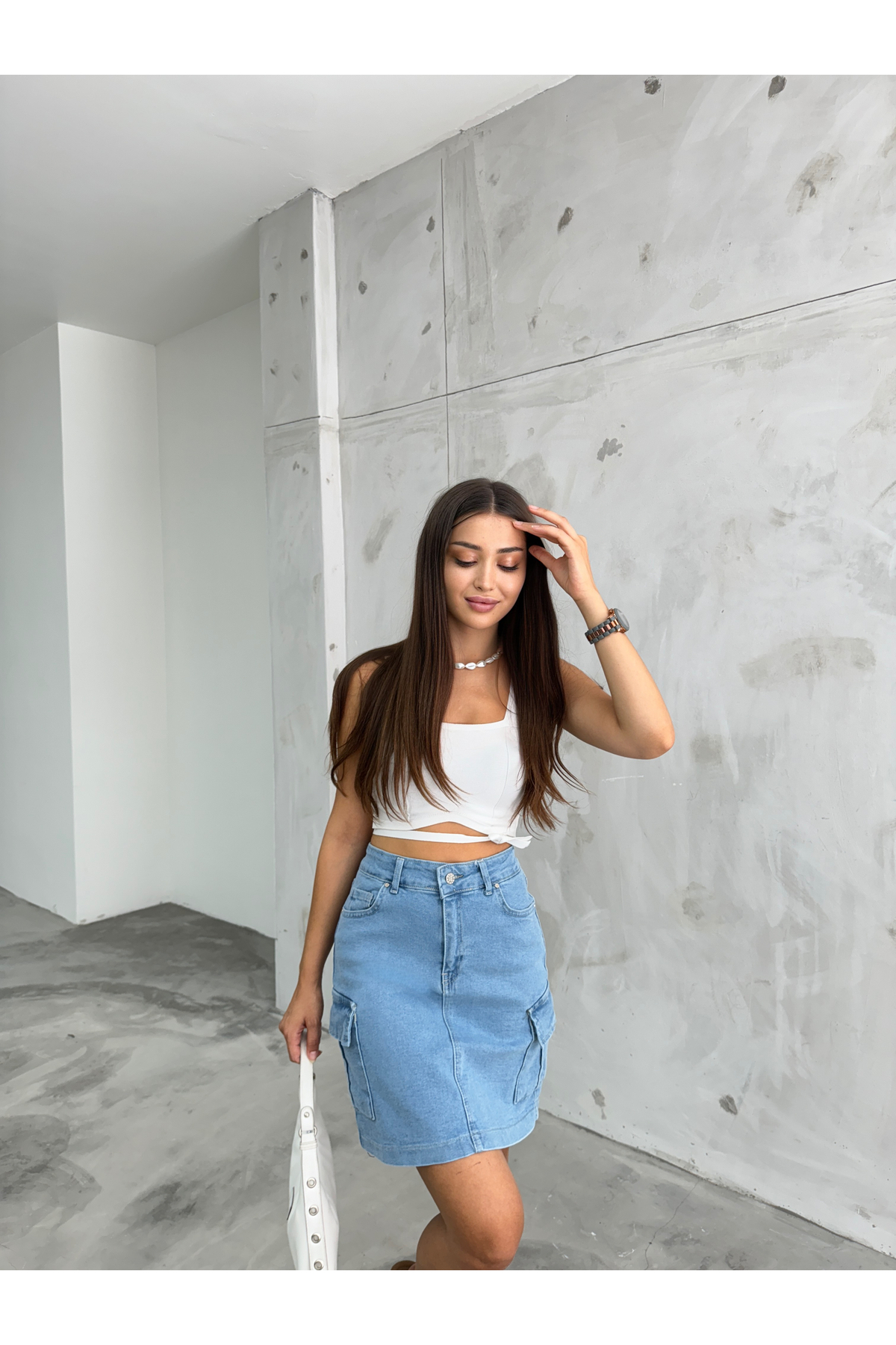 Kadın Kargo Cep Detaylı Yüksek Bel Mini Denim Etek mavi 8