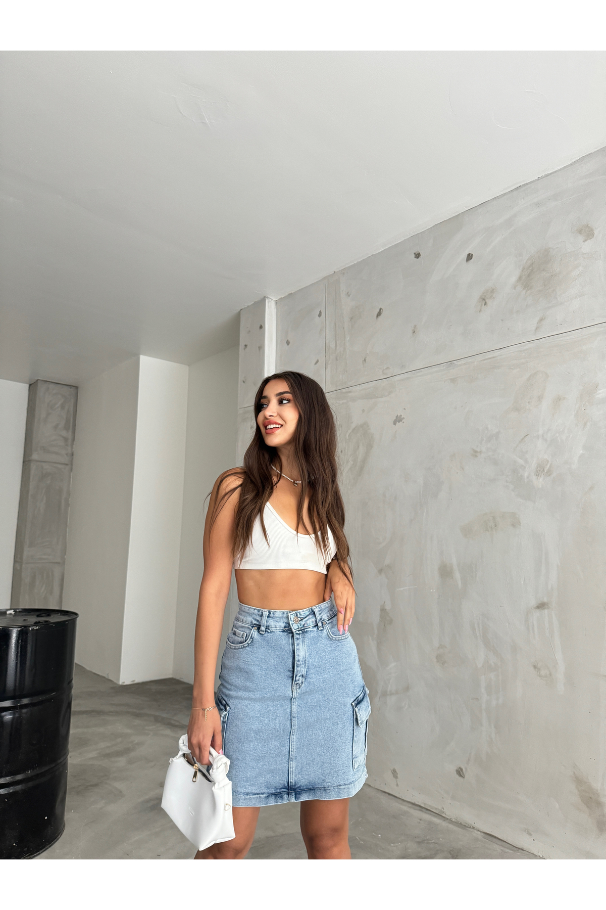 Kadın Kargo Cep Detaylı Yüksek Bel Mini Denim Etek Metalik 6