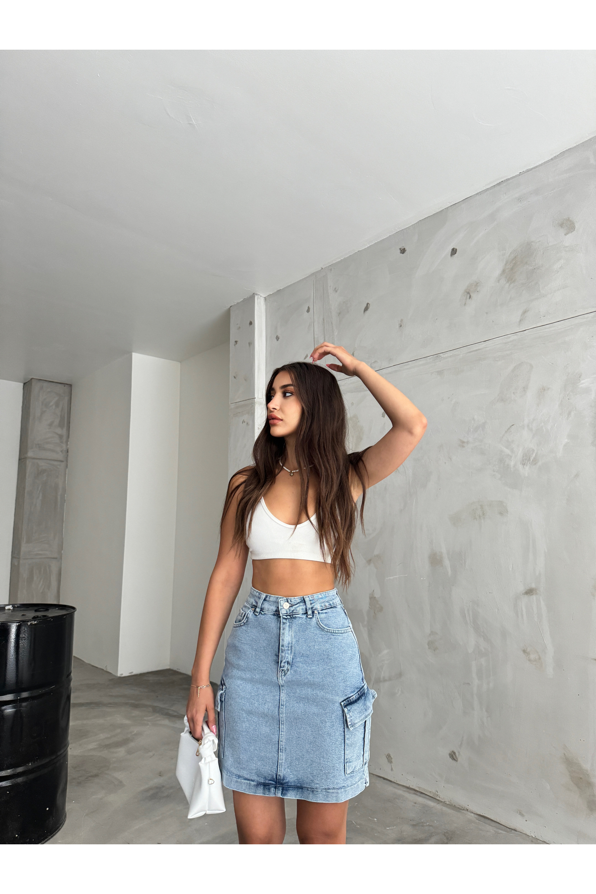 Kadın Kargo Cep Detaylı Yüksek Bel Mini Denim Etek Metalik 8