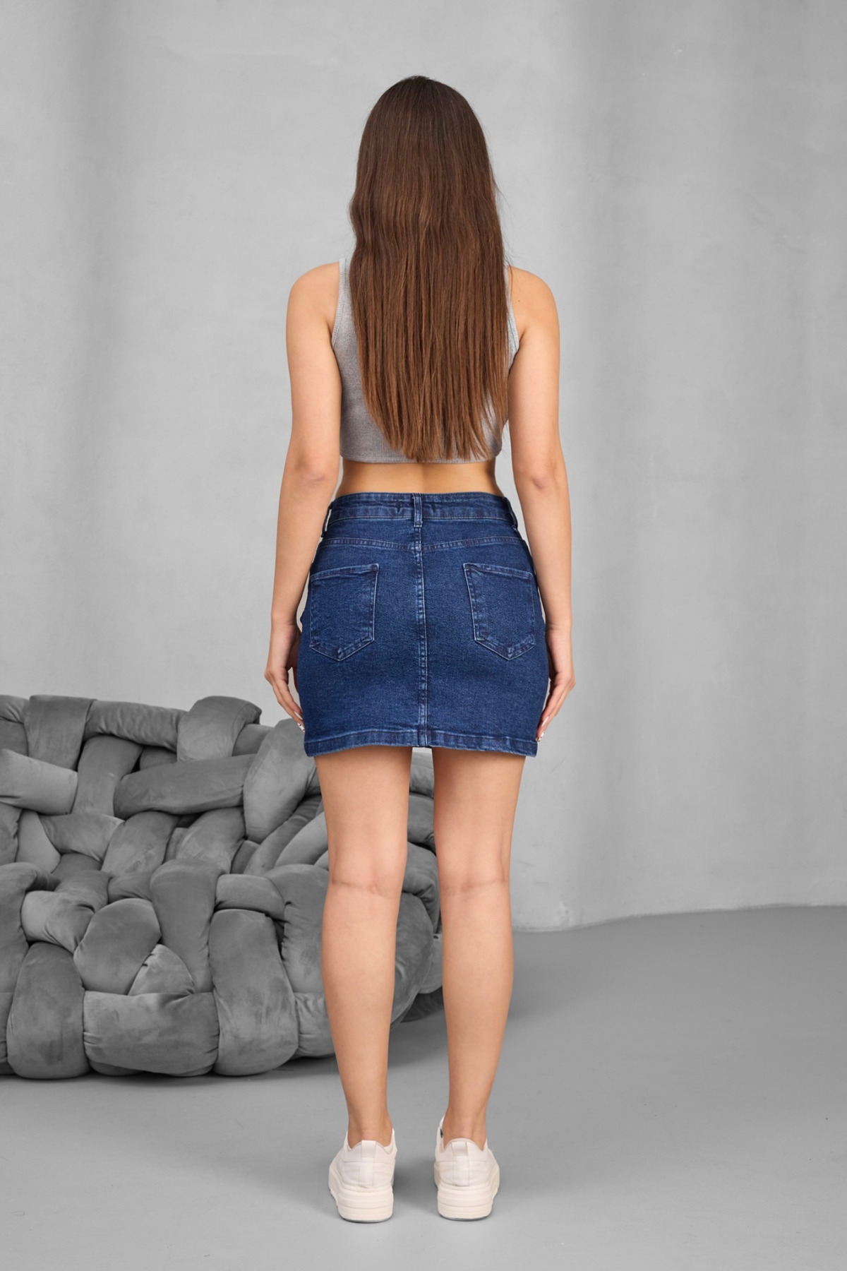 Kadın Yüksek Bel Mini Kot Denim Etek Lacivert 4