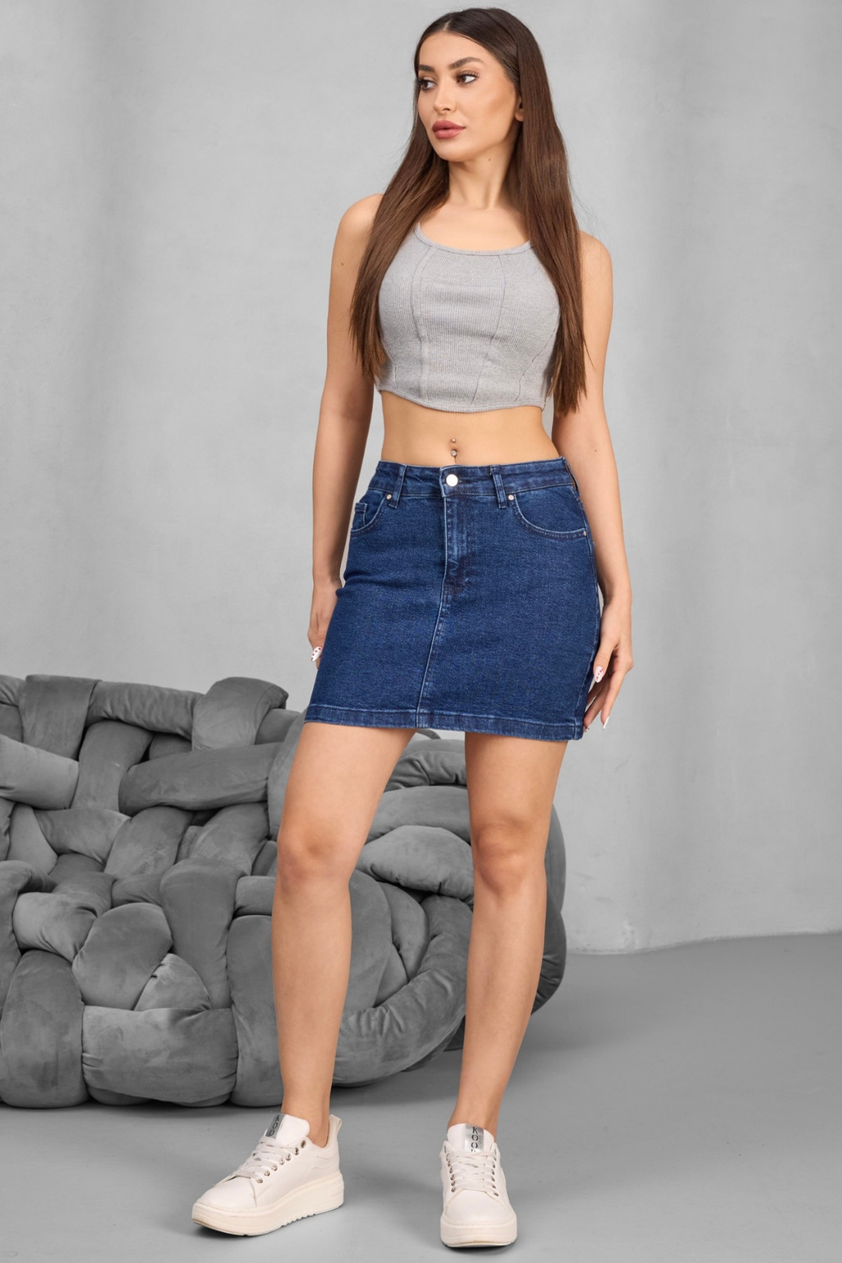 Kadın Yüksek Bel Mini Kot Denim Etek Lacivert 5