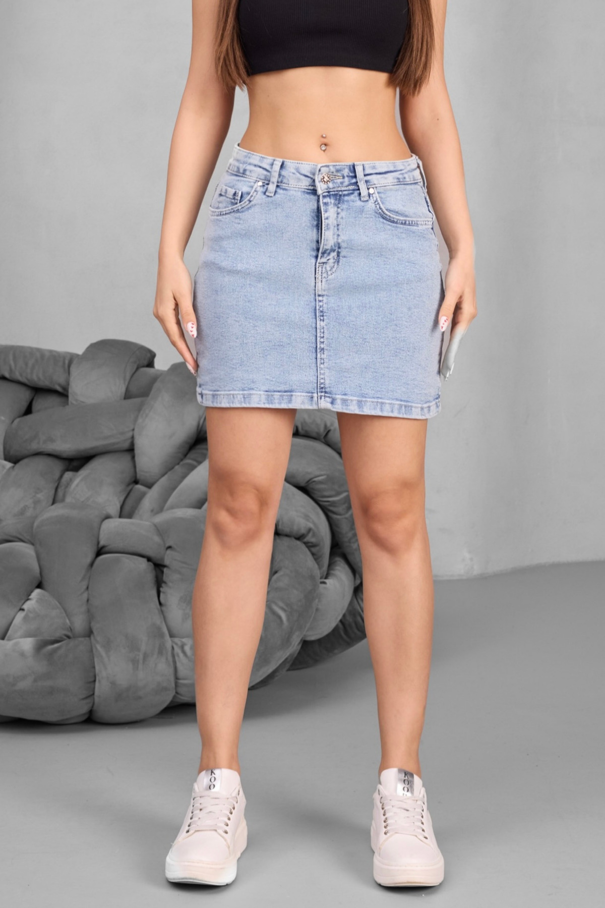 Kadın Yüksek Bel Mini Kot Denim Etek Mavi 3