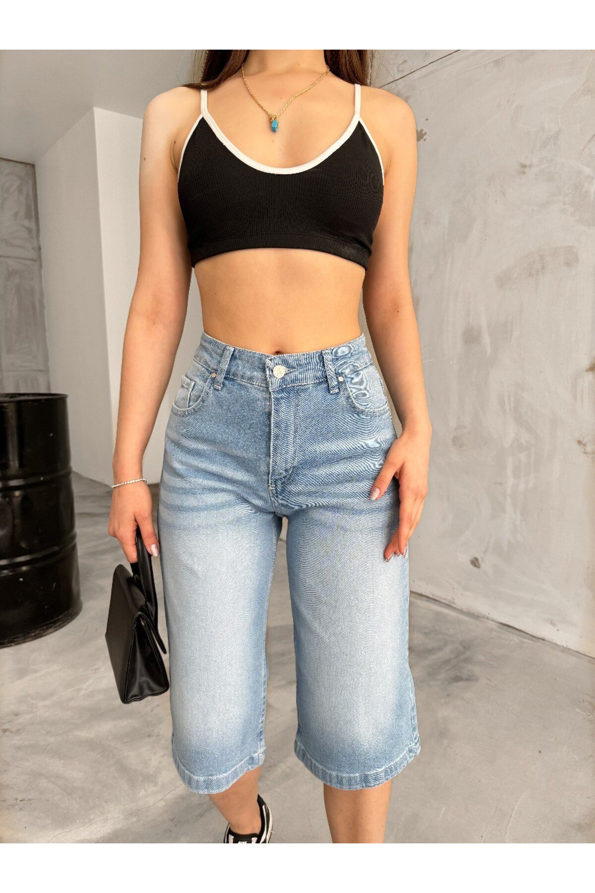 Kadın Yüksek Bel Diz Altı Baggy Bermuda Şort Denim Mavi 5