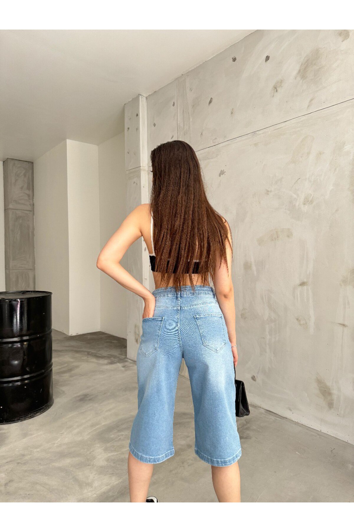 Kadın Yüksek Bel Diz Altı Baggy Bermuda Şort Denim Mavi 3