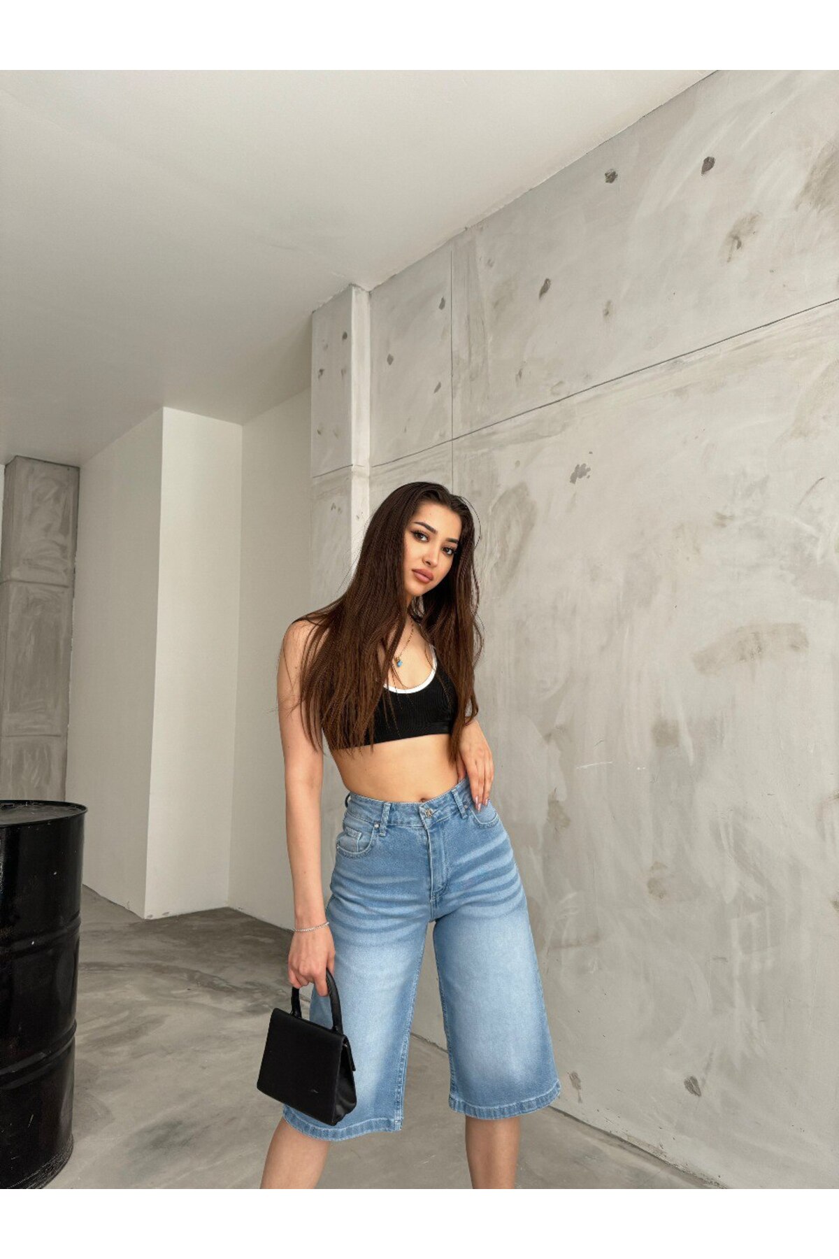 Kadın Yüksek Bel Diz Altı Baggy Bermuda Şort Denim Mavi 7