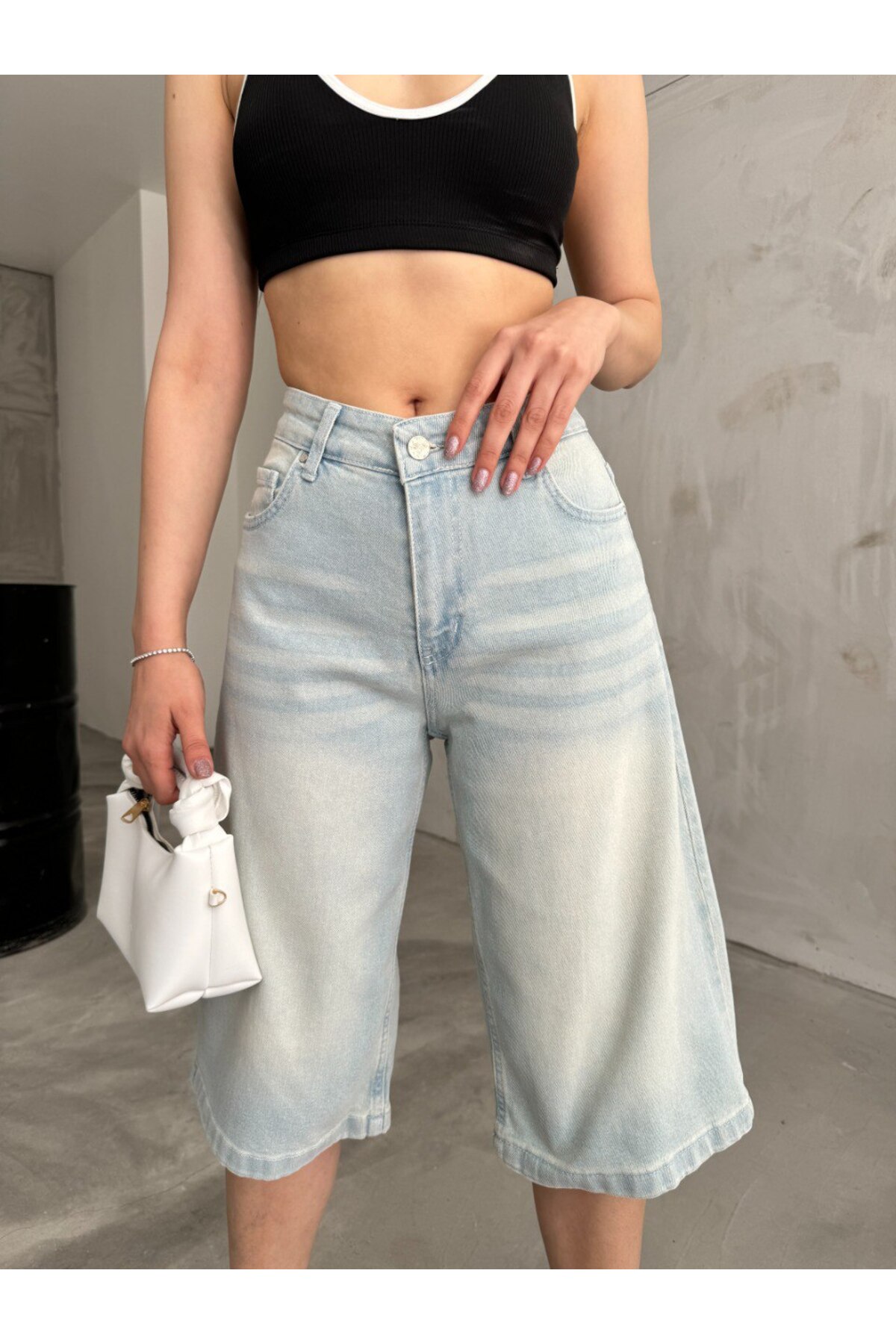 Kadın Yüksek Bel Diz Altı Baggy Bermuda Şort Denim Metalik 4