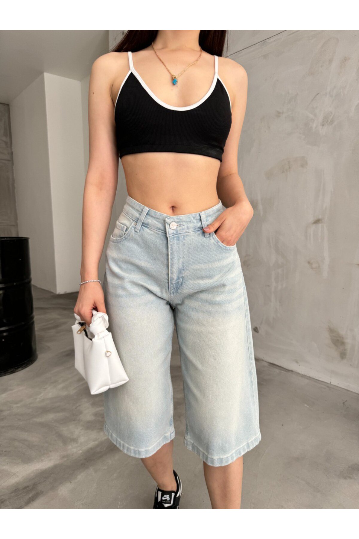 Kadın Yüksek Bel Diz Altı Baggy Bermuda Şort Denim Metalik 6