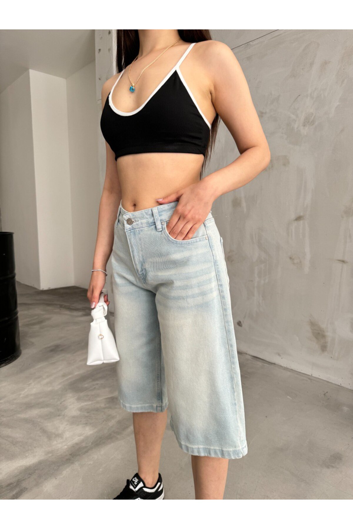 Kadın Yüksek Bel Diz Altı Baggy Bermuda Şort Denim Metalik 5
