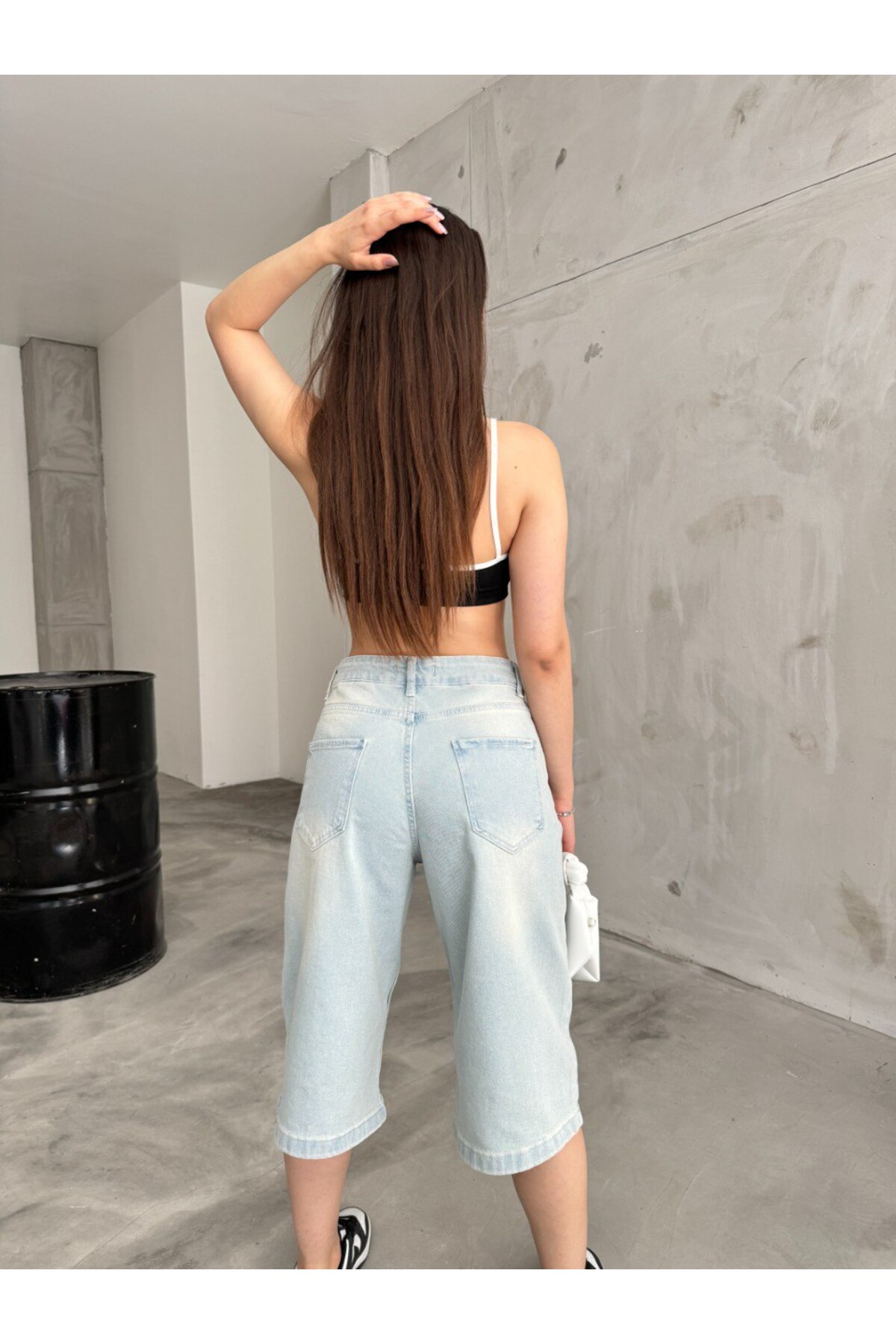 Kadın Yüksek Bel Diz Altı Baggy Bermuda Şort Denim Metalik 3