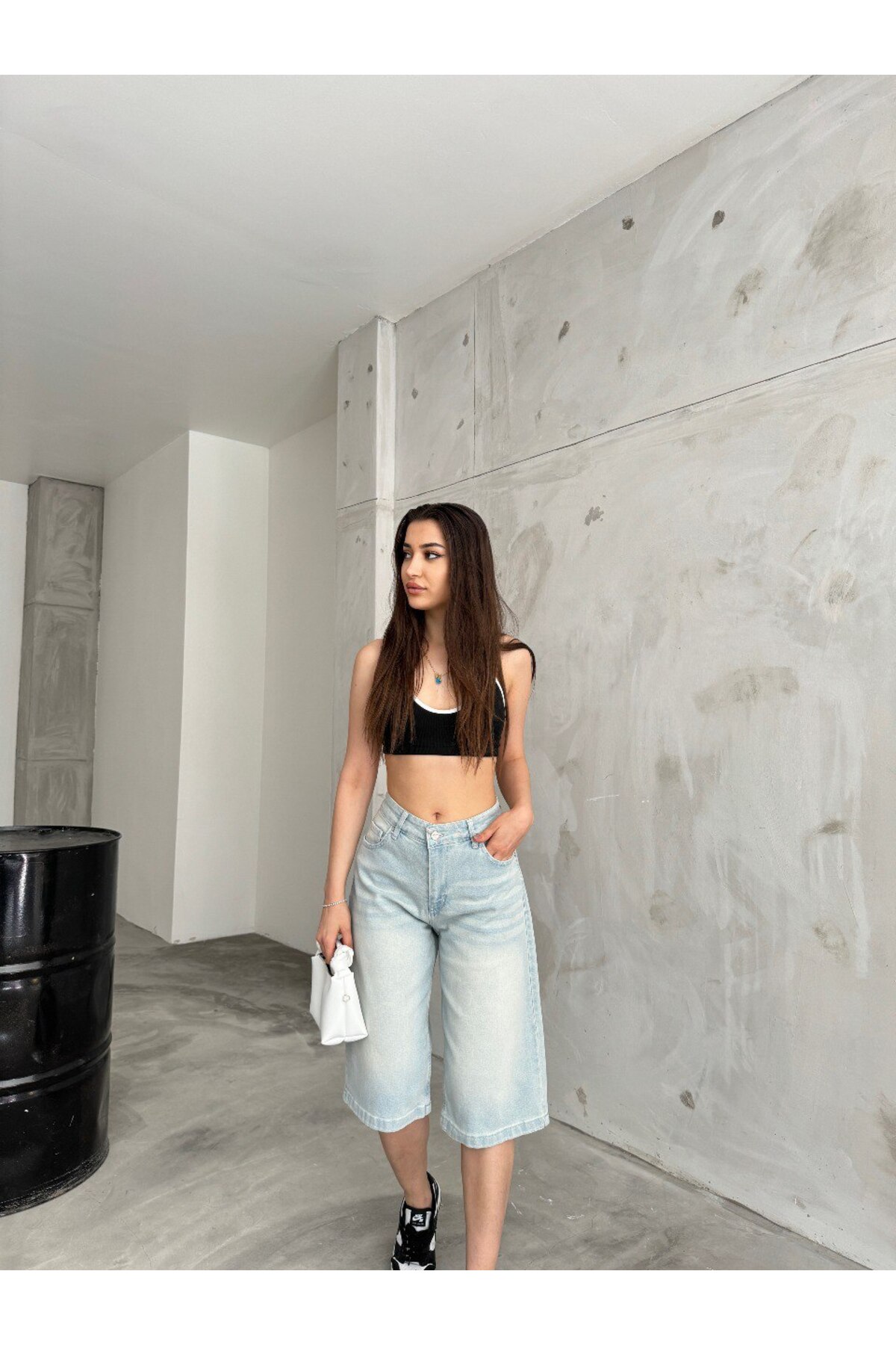 Kadın Yüksek Bel Diz Altı Baggy Bermuda Şort Denim Metalik 7