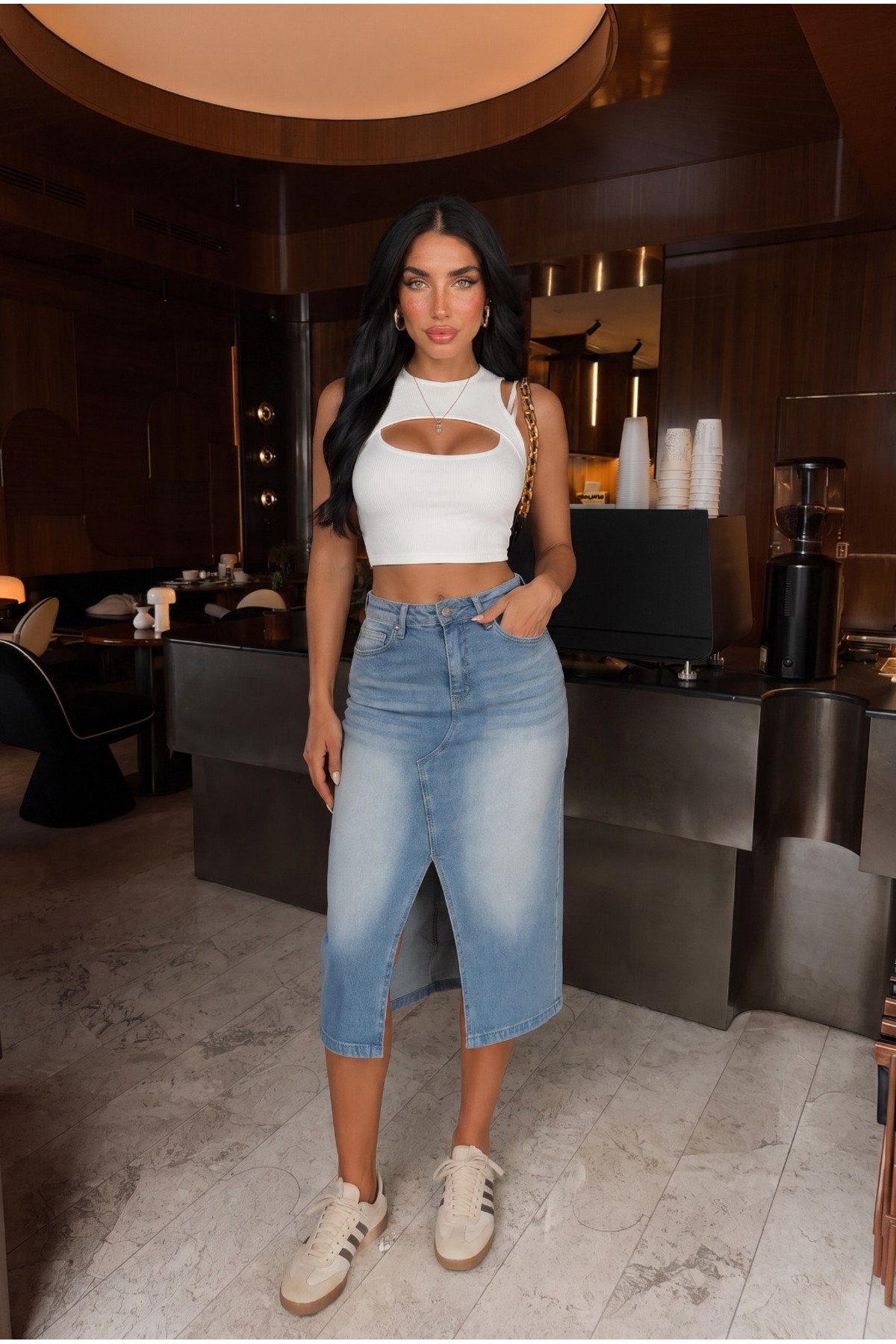 Kadın Asimetrik Kesim Yırtmaçlı Midi Boy Denim Jean Etek mavi 5