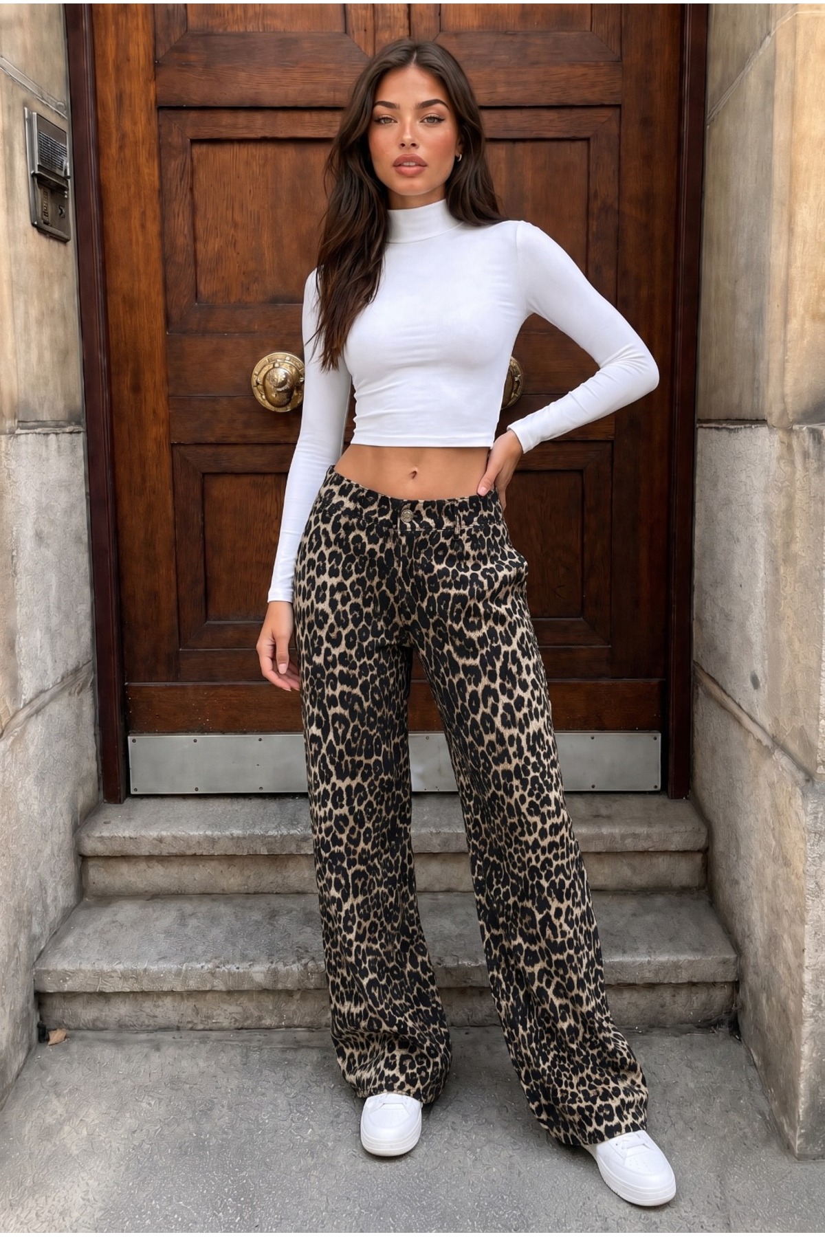 Leopar Desenli Yüksel Bel Wide Leg Lıkralı Palazzo Jean Gri 5