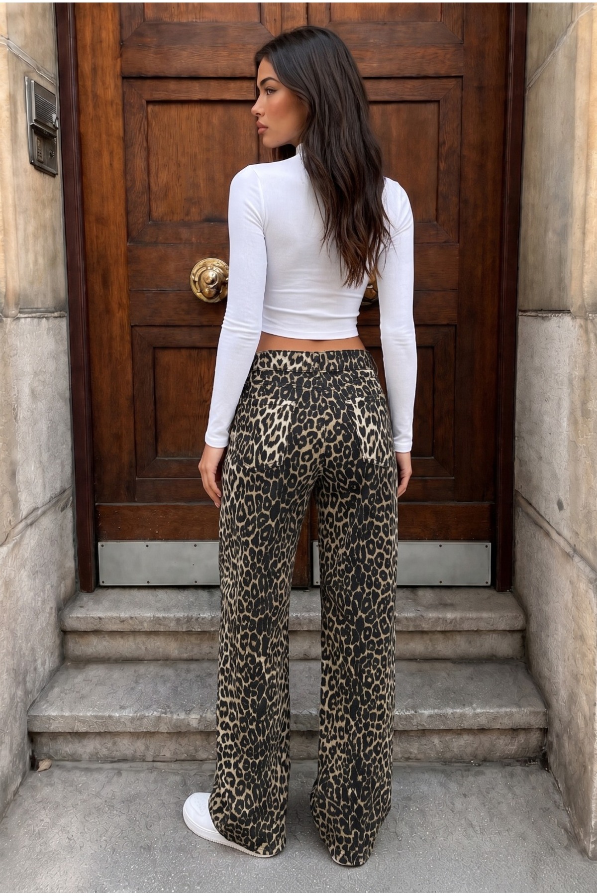 Leopar Desenli Yüksel Bel Wide Leg Lıkralı Palazzo Jean Gri 7