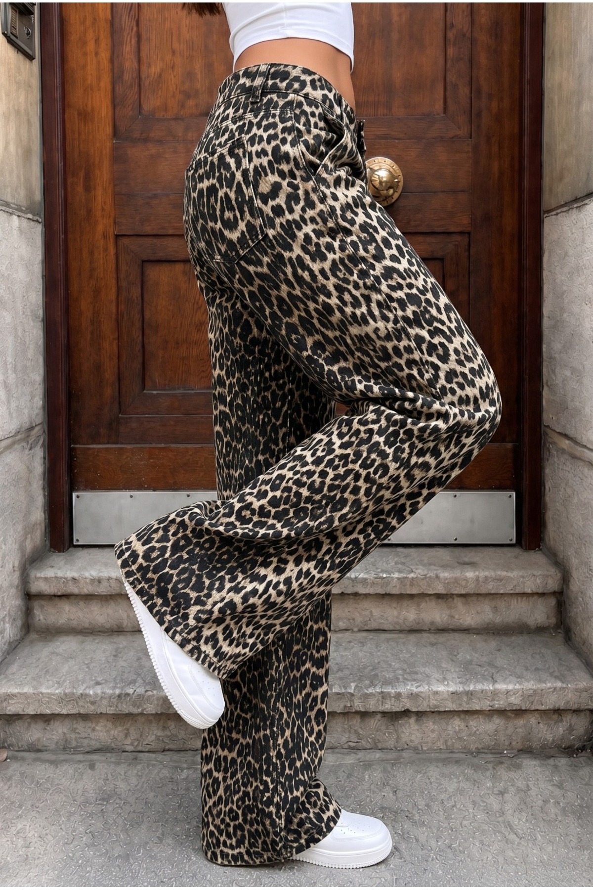 Leopar Desenli Yüksel Bel Wide Leg Lıkralı Palazzo Jean Gri 6