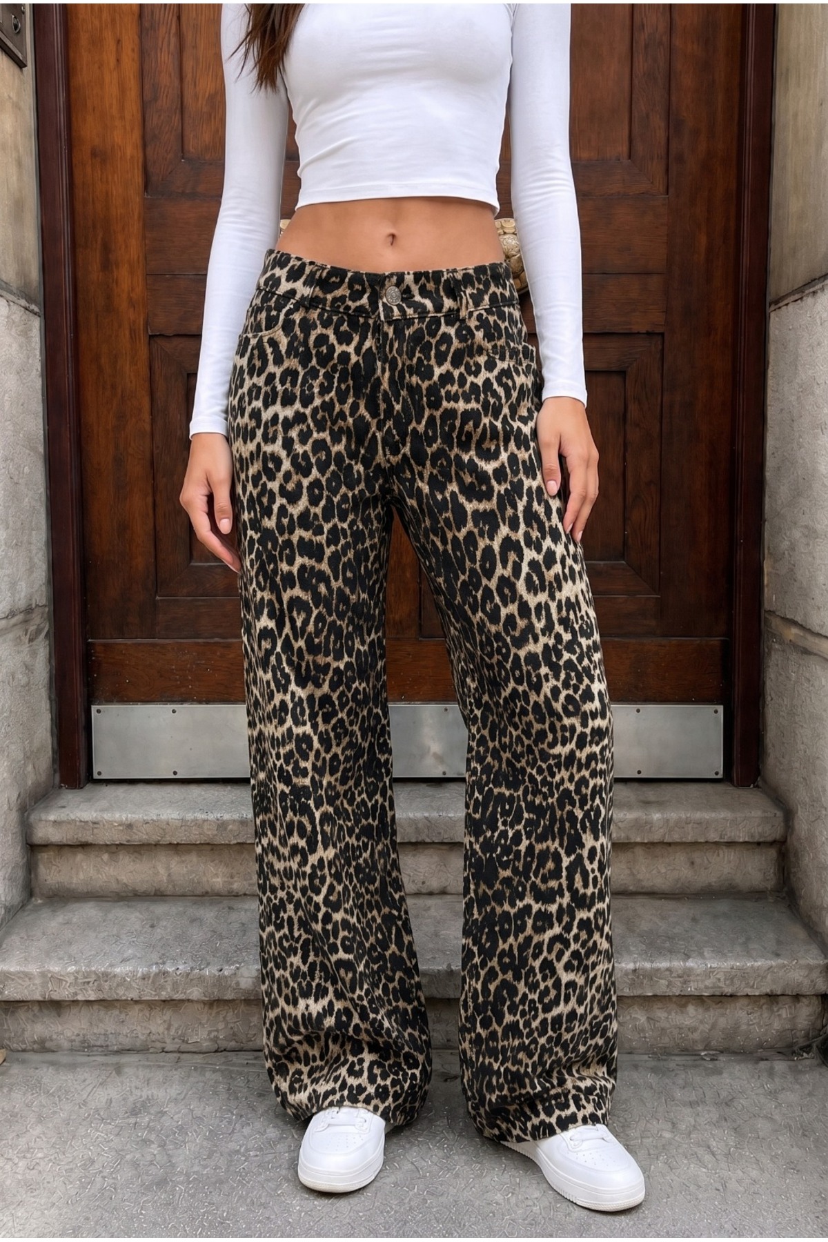Leopar Desenli Yüksel Bel Wide Leg Lıkralı Palazzo Jean Gri 4
