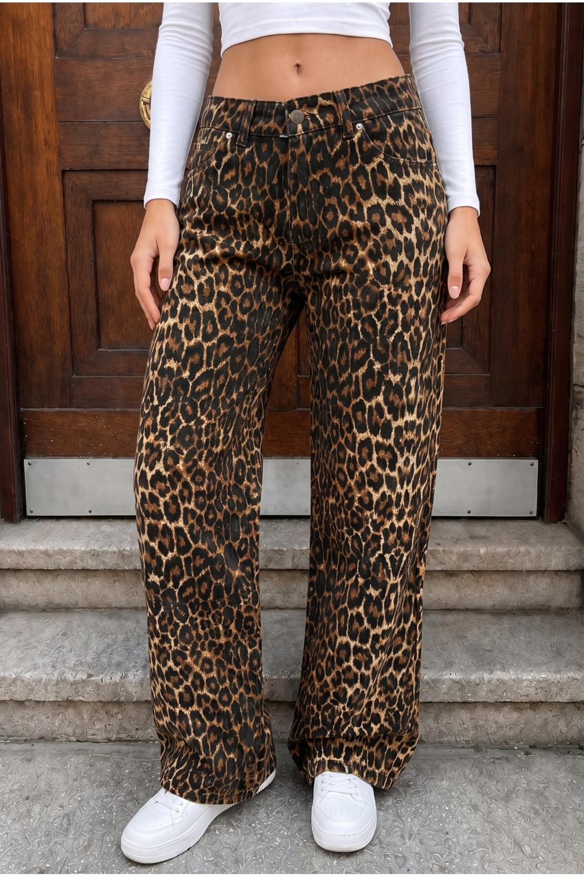 Leopar Desenli Yüksel Bel Wide Leg Lıkralı Palazzo Jean Kahverengi 3
