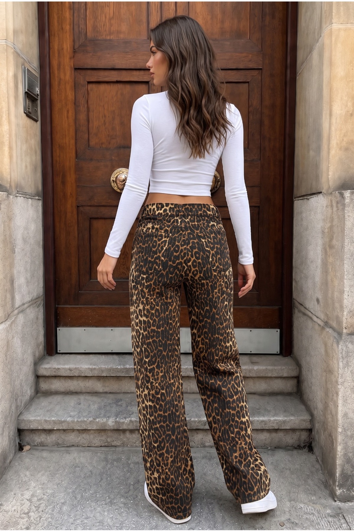Leopar Desenli Yüksel Bel Wide Leg Lıkralı Palazzo Jean Kahverengi 8