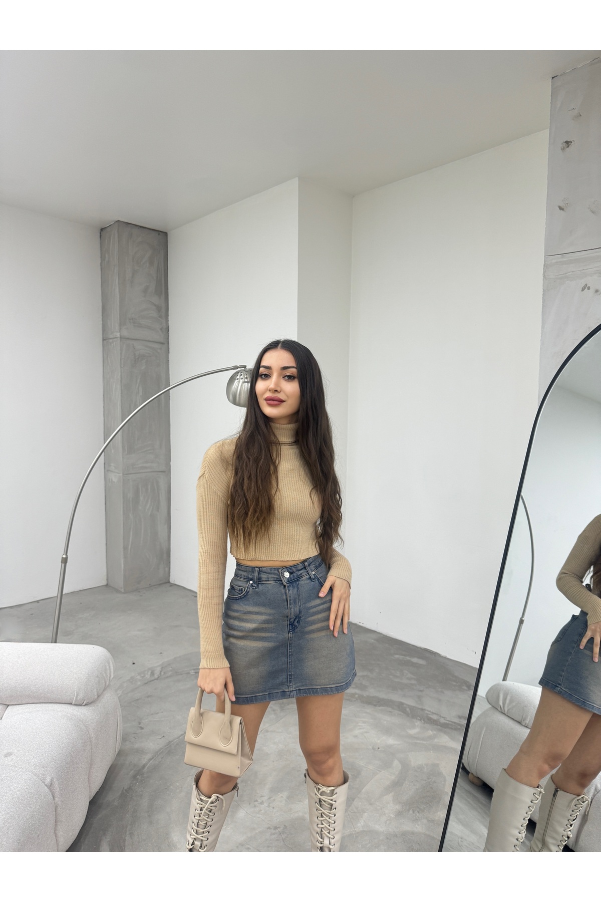 Eskitme Soluk Efekt Vintage Yüksek Bel Mini Denim Etek Mavi 8
