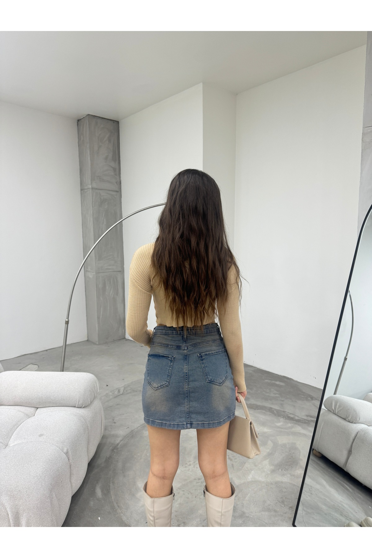 Eskitme Soluk Efekt Vintage Yüksek Bel Mini Denim Etek Mavi 7