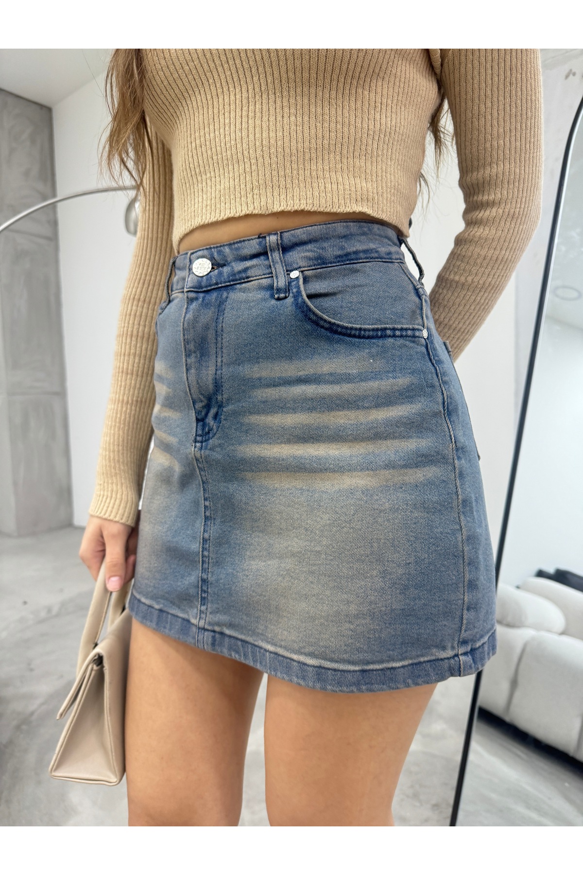 Eskitme Soluk Efekt Vintage Yüksek Bel Mini Denim Etek Mavi 5