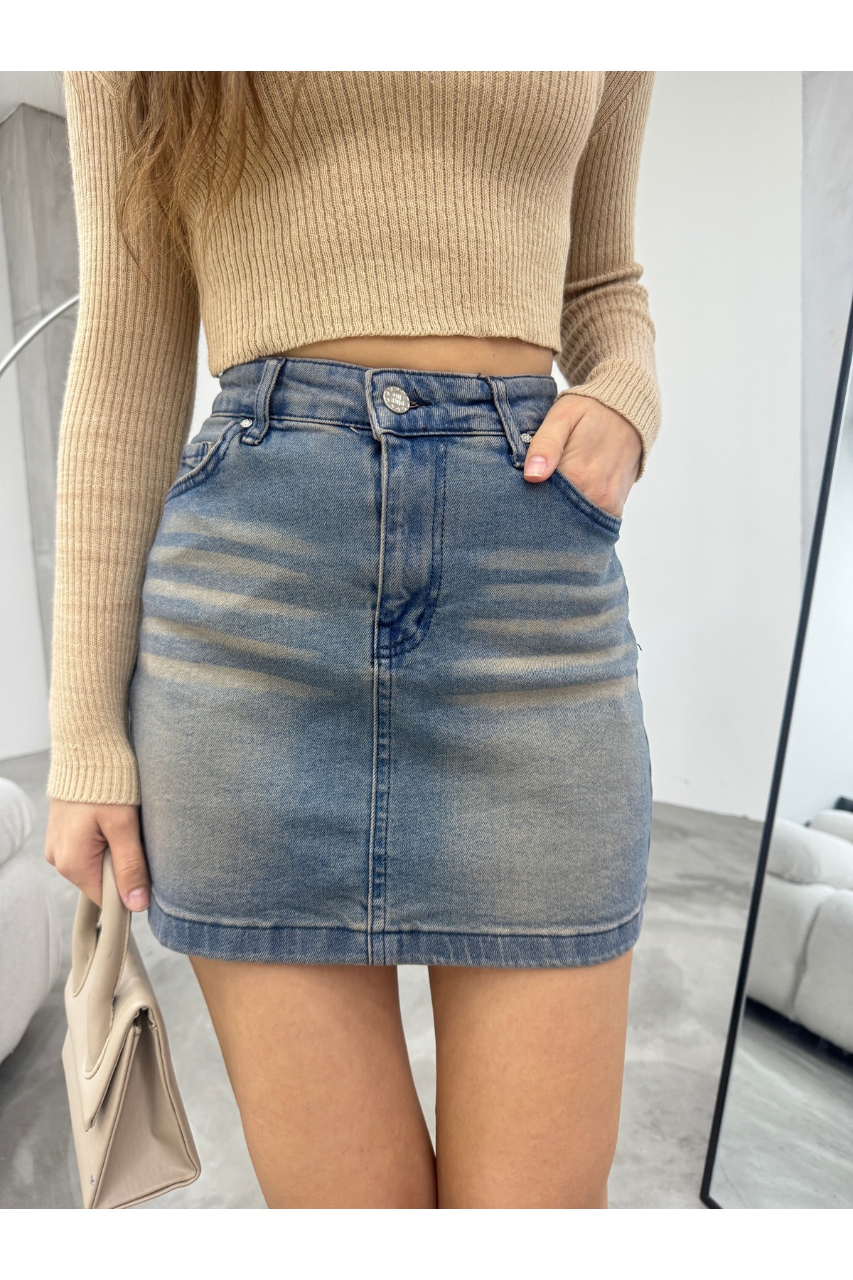 Eskitme Soluk Efekt Vintage Yüksek Bel Mini Denim Etek Mavi 4