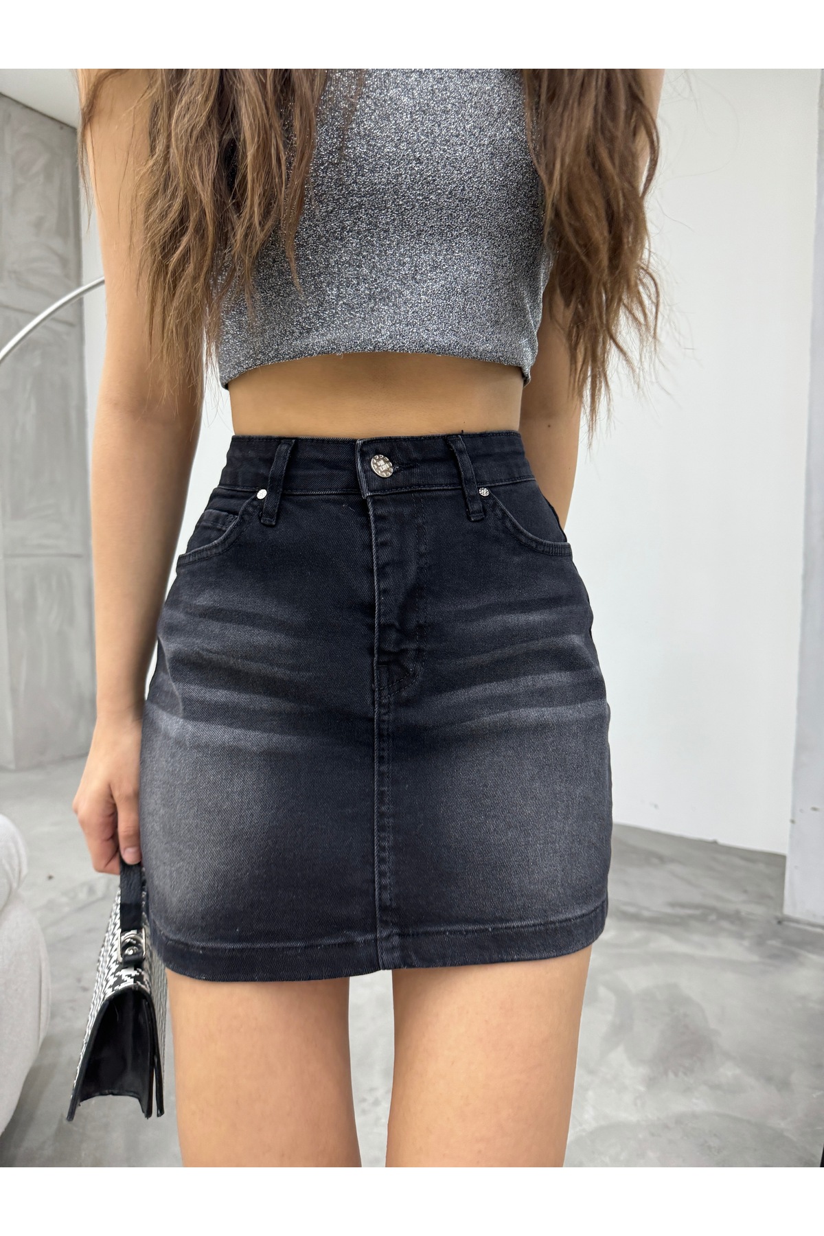 Eskitme Soluk Efekt Vintage Yüksek Bel Mini Denim Etek Siyah 4