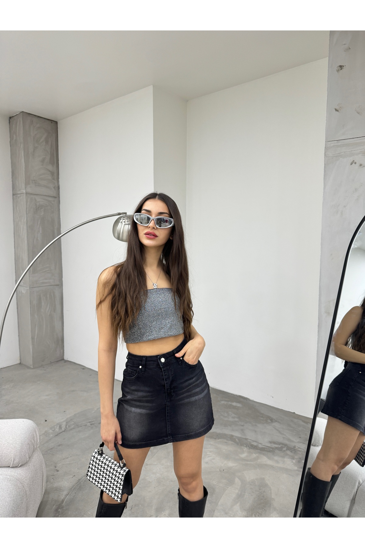 Eskitme Soluk Efekt Vintage Yüksek Bel Mini Denim Etek Siyah 7