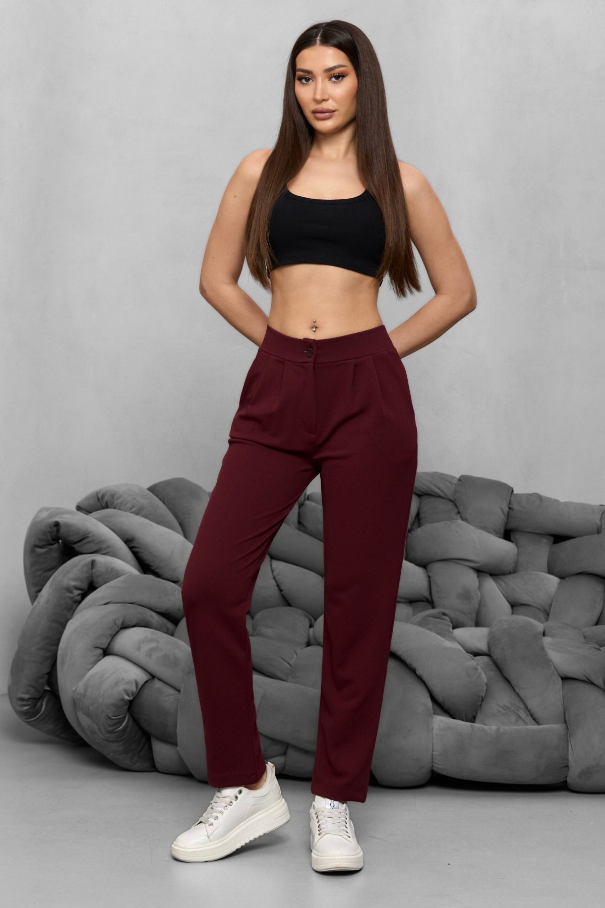 Kadın Yüksek Bel Likralı Esnek Havuç Kesim Kumaş Pantolon Bordo 6