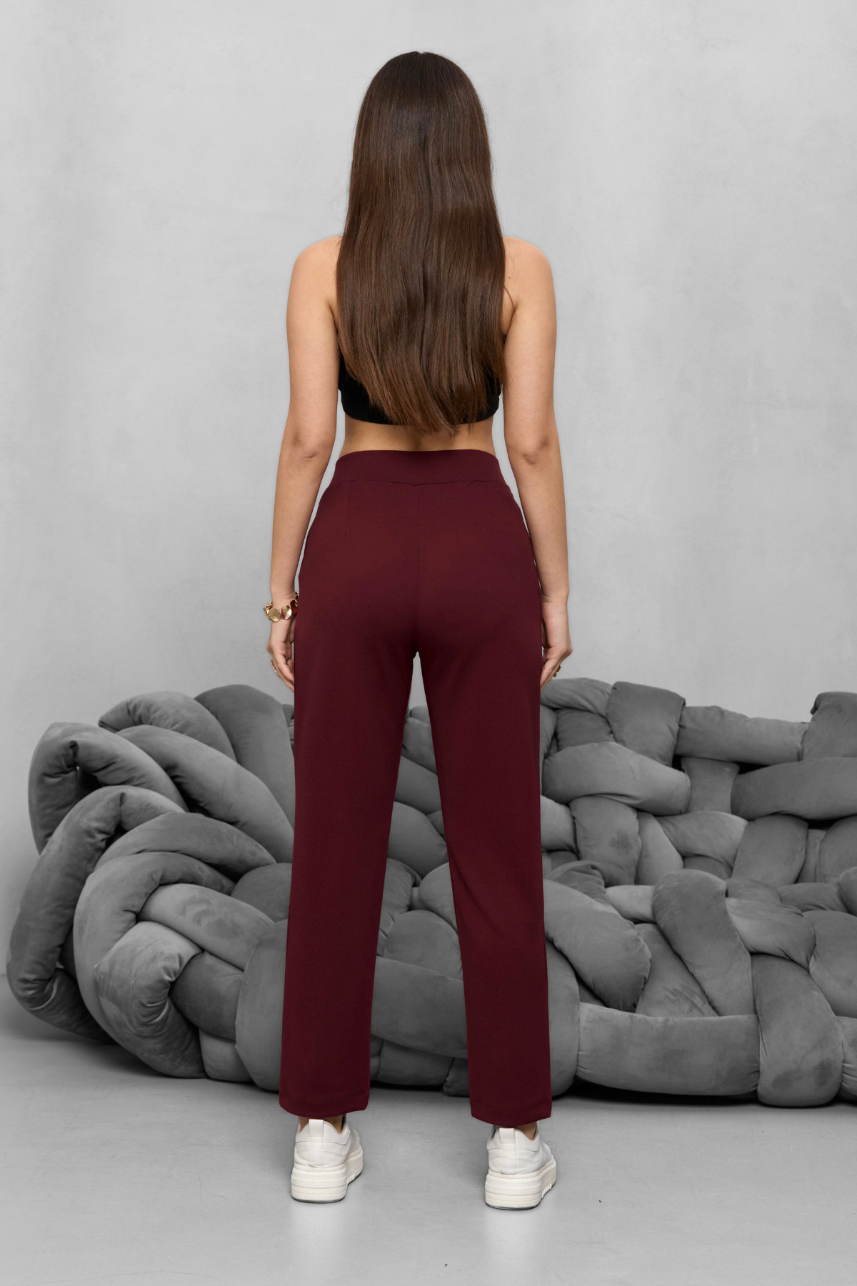 Kadın Yüksek Bel Likralı Esnek Havuç Kesim Kumaş Pantolon Bordo 5