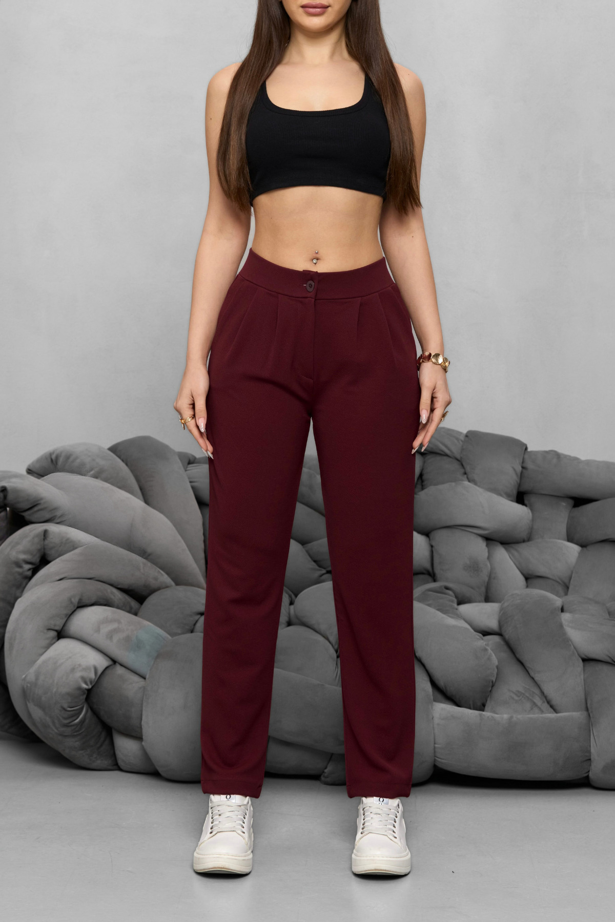 Kadın Yüksek Bel Likralı Esnek Havuç Kesim Kumaş Pantolon Bordo 4