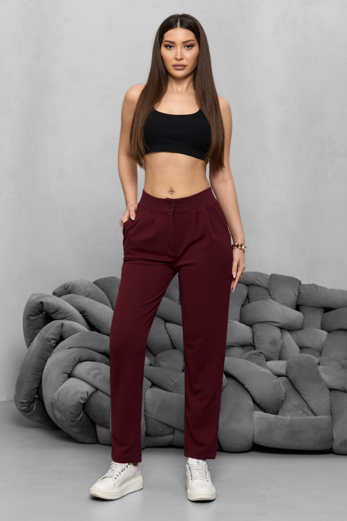 Kadın Yüksek Bel Likralı Esnek Havuç Kesim Kumaş Pantolon Bordo 7