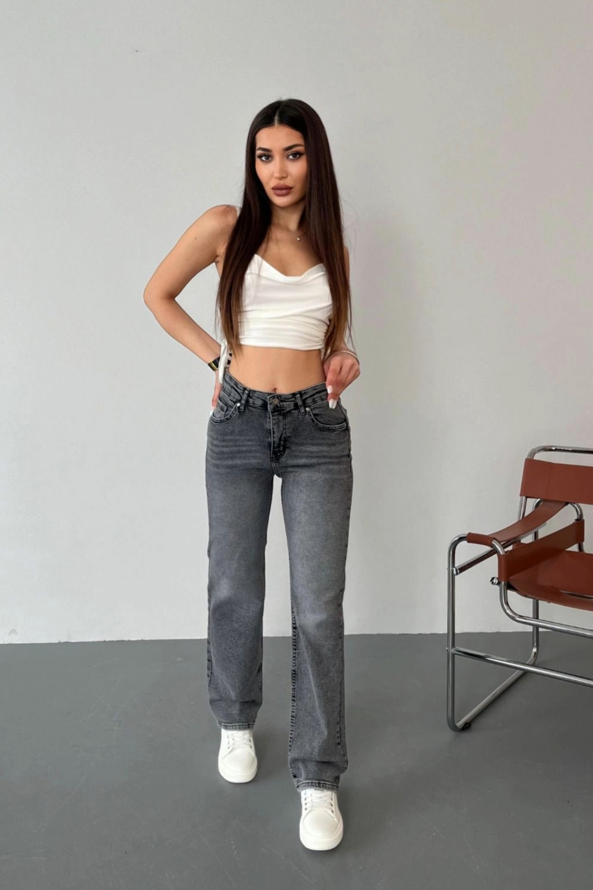 Kadın Yüksek Bel Likralı Efektli Straight Fit Jean Gri 7