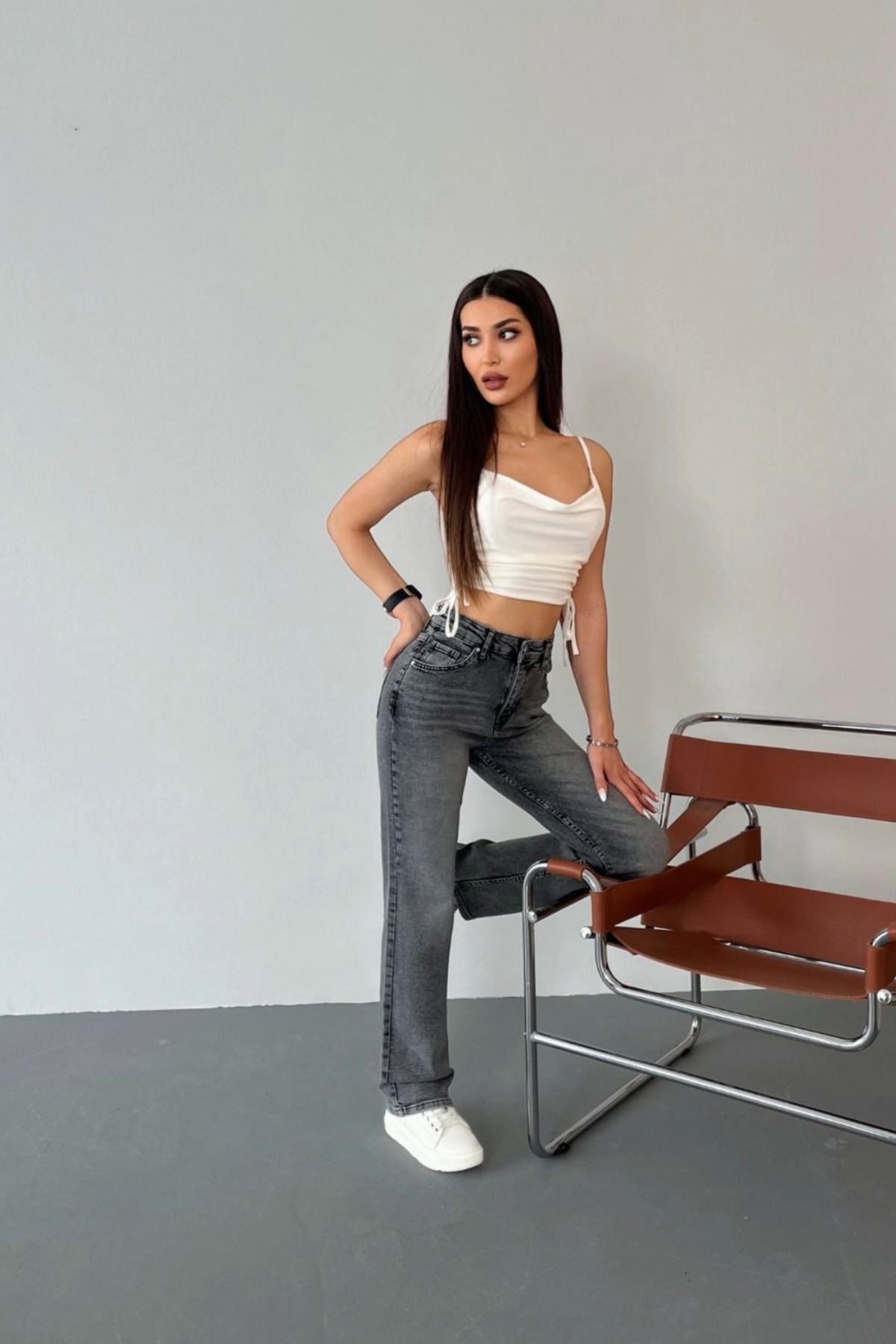 Kadın Yüksek Bel Likralı Efektli Straight Fit Jean Gri 6