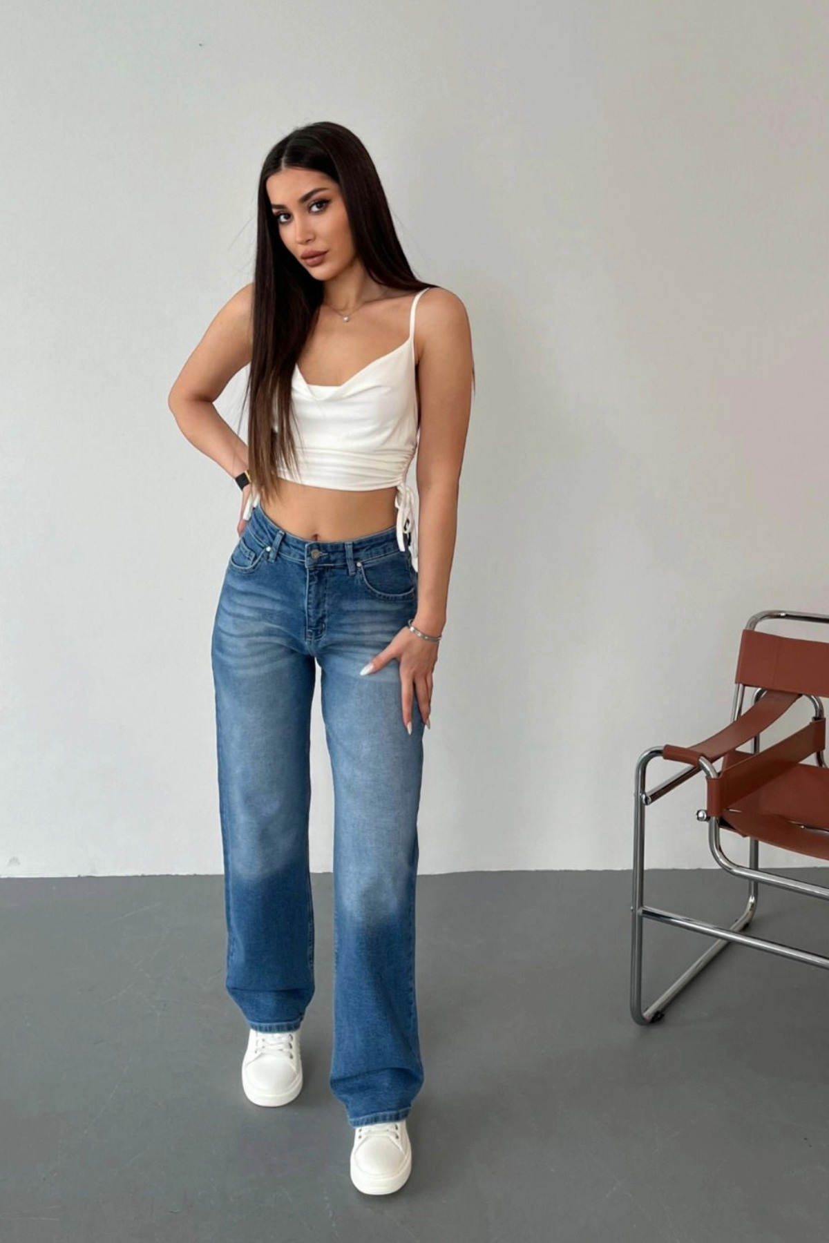 Kadın Yüksek Bel Likralı Efektli Straight Fit Jean Mavi 6
