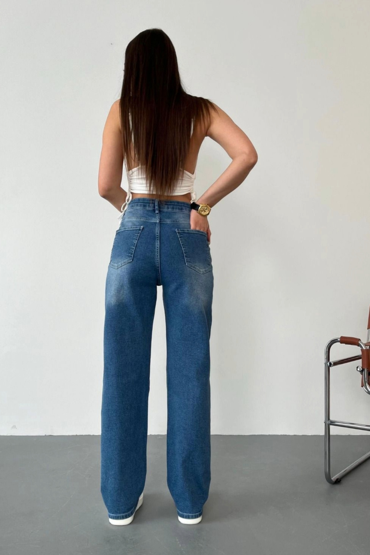 Kadın Yüksek Bel Likralı Efektli Straight Fit Jean Mavi 3