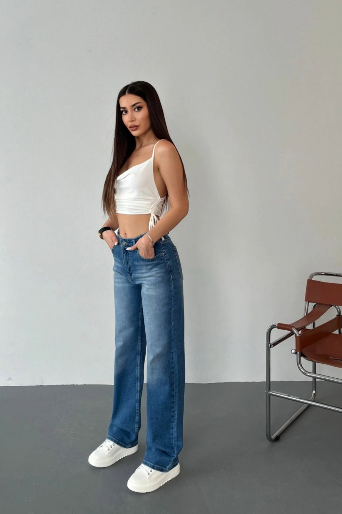 Kadın Yüksek Bel Likralı Efektli Straight Fit Jean Mavi 5