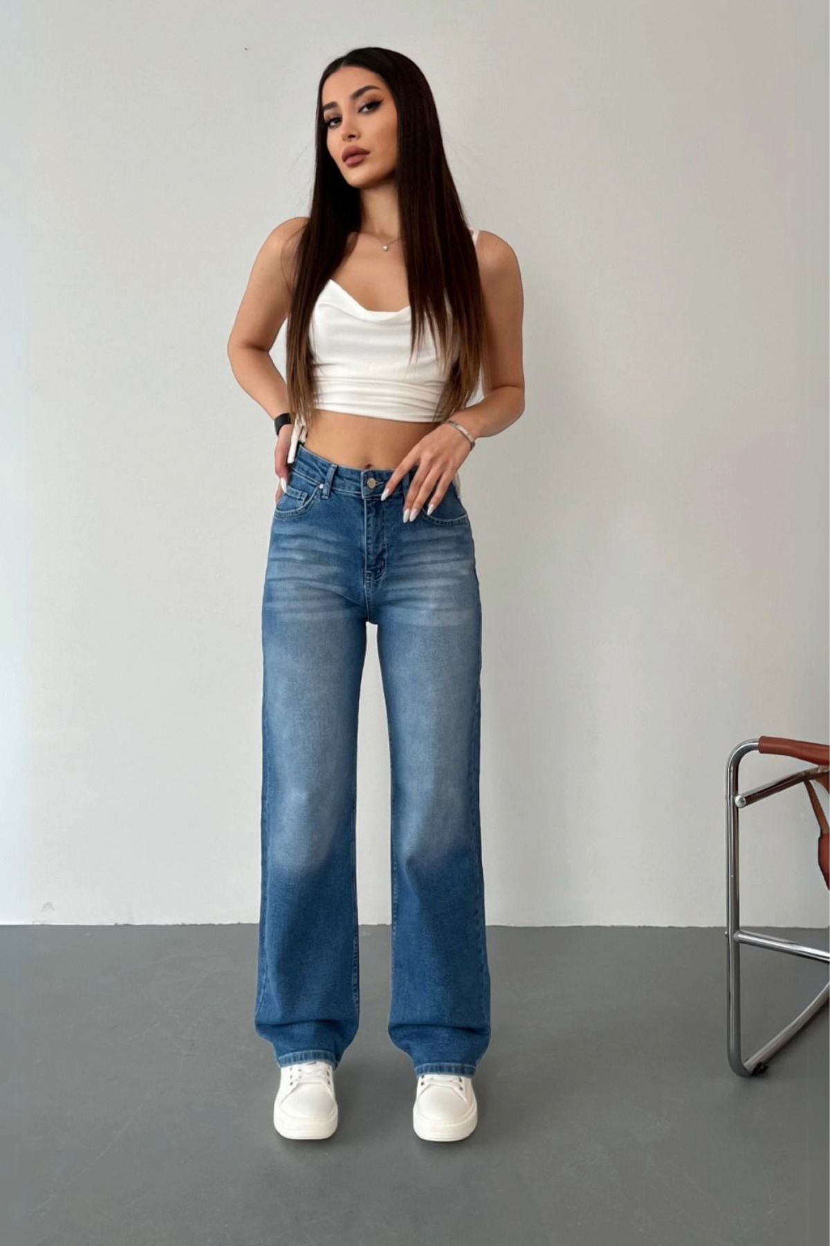 Kadın Yüksek Bel Likralı Efektli Straight Fit Jean Mavi 7