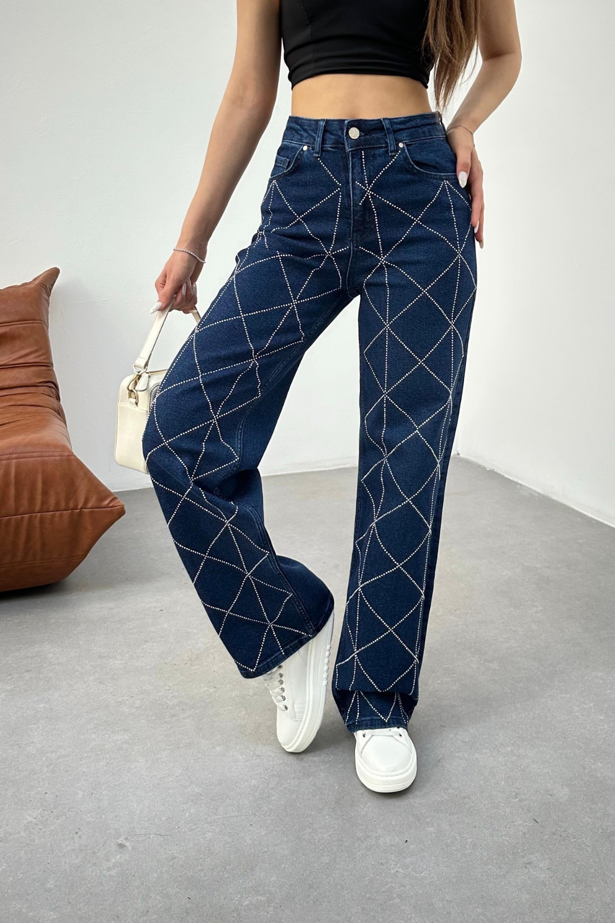 Kadın Lacivert Yüksek Bel Baklava Taşlı Likralı Straight Jean 6