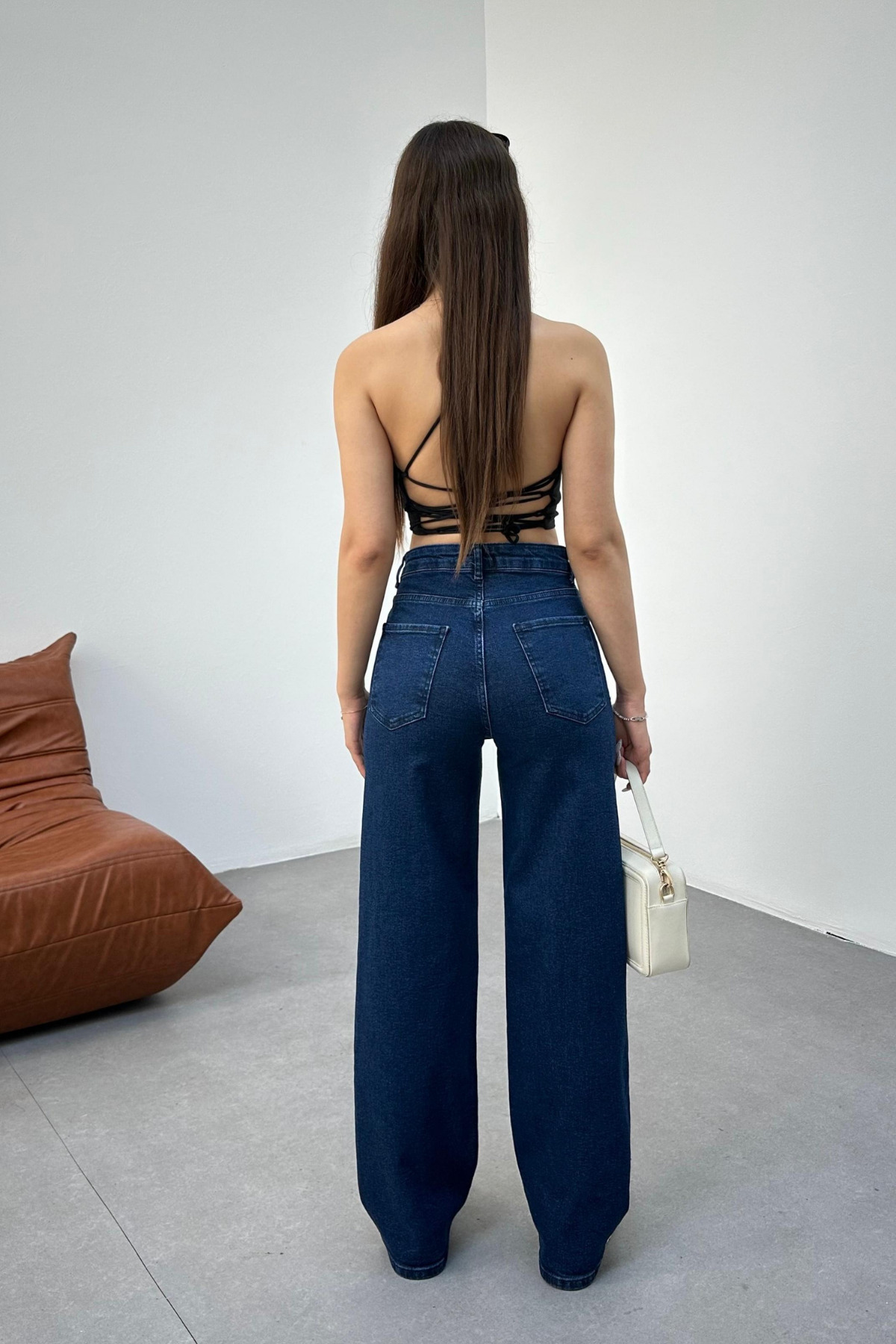 Kadın Lacivert Yüksek Bel Baklava Taşlı Likralı Straight Jean 4