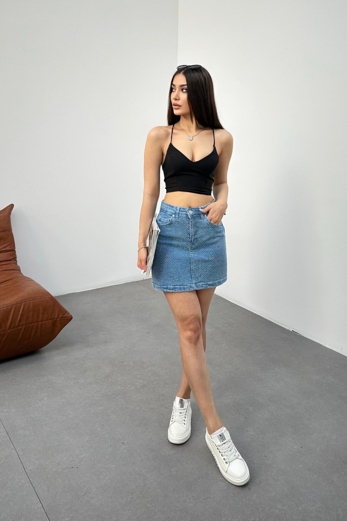 Kadın Yüksek Bel Baklava Taşlı Mini Kot Denim Etek Mavi 7