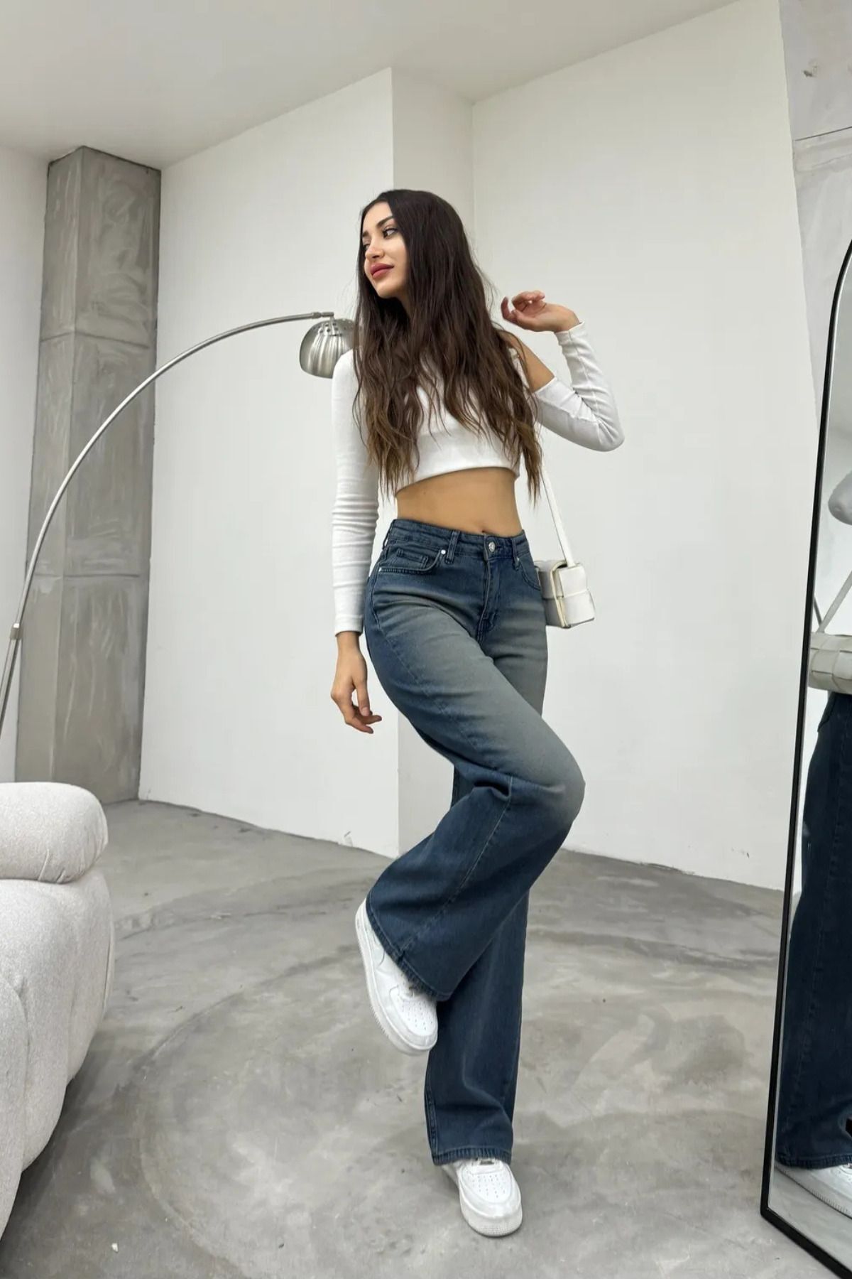 Kadın Yüksek bel Esnek Soluk Efektli Palazzo Jeans Lacivert 8