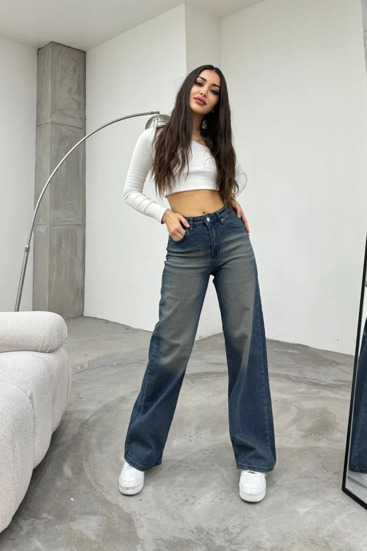 Kadın Yüksek bel Esnek Soluk Efektli Palazzo Jeans Lacivert 7