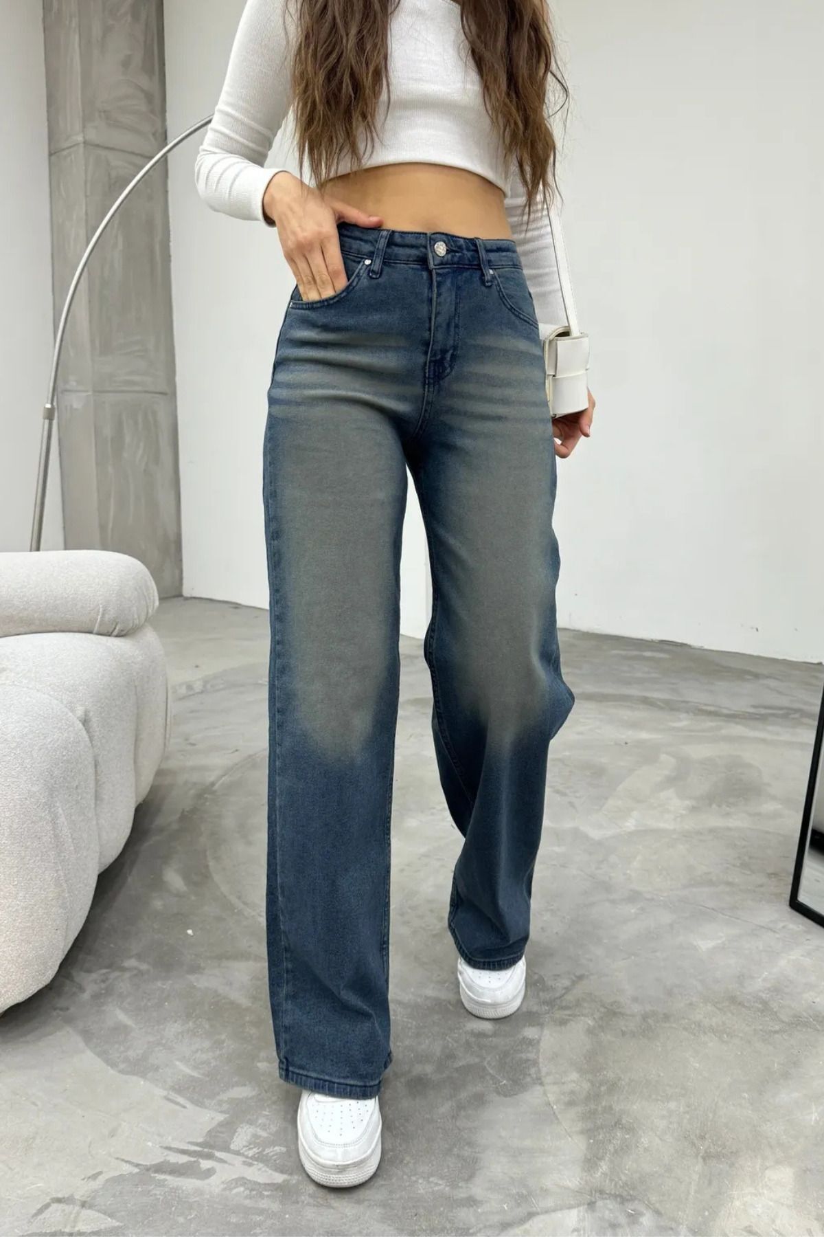 Kadın Yüksek bel Esnek Soluk Efektli Palazzo Jeans Lacivert 5