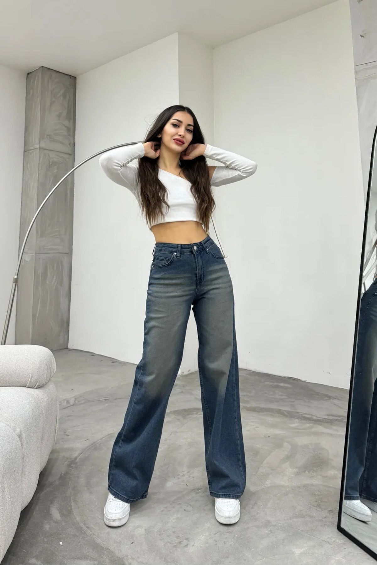 Kadın Yüksek bel Esnek Soluk Efektli Palazzo Jeans Lacivert 6