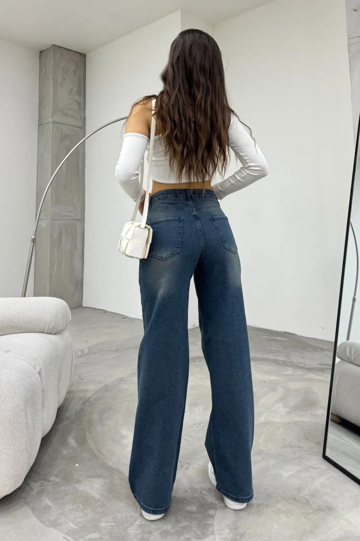 Kadın Yüksek bel Esnek Soluk Efektli Palazzo Jeans Lacivert 4