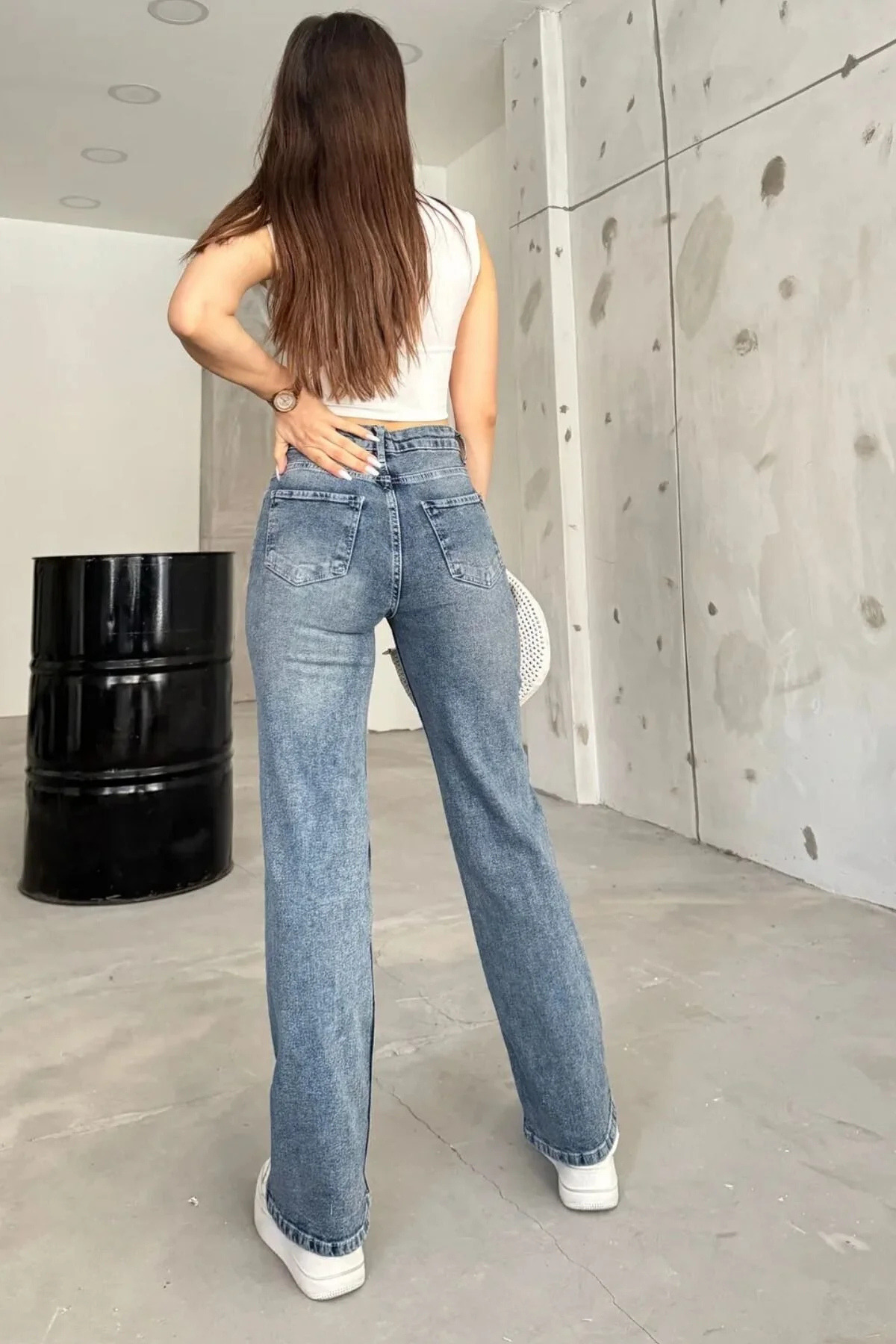Kadın Yüksek bel Esnek Soluk Efektli Palazzo Jeans Mavi 4