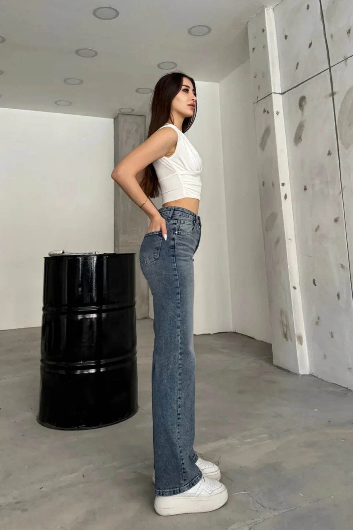 Kadın Yüksek bel Esnek Soluk Efektli Palazzo Jeans Mavi 5