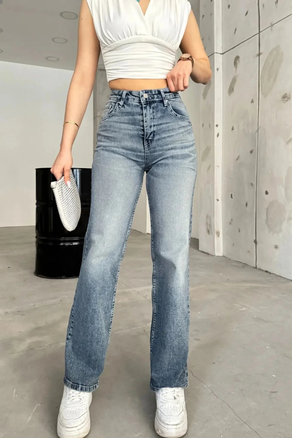 Kadın Yüksek bel Esnek Soluk Efektli Palazzo Jeans Mavi 6